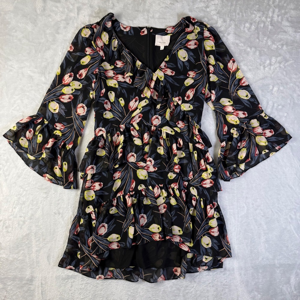 Cinq a sept Floral Ruffle Mini Lucie Dress Size 6 Bell Sleeves Tulip Long Sleeve